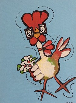 Vrolijke haan (met bril) € 15,00.    30 x 40 cm