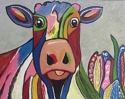 Vrolijke koe  € 15,00.  30 x 40.  Verkocht.