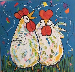 2 Kippen. € 15,00.  50 x 50.   Verkocht.