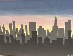 Opkomende zon in de stad. € 70,00. 50 x 70 cm.