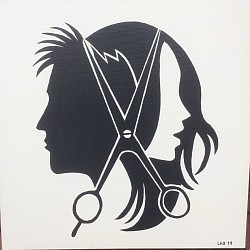 Bij de kapper.  € 40,00.  50 x 50 cm.