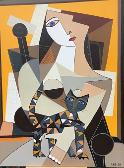 Dame met kat. 60 x 80 cm.   € 70,00.