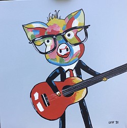 Varken speelt gitaar. 50 x 50 cm. € 25,00. Verkocht.