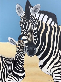 Zebramoeder met jong  € 90.00.  60 x 80 cm.