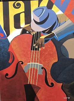 Jazzmuzikant bassist 60 x 80 cm.  € 90,00